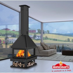 Huelva C 4 Hängender zentraler Holzkamin aus Glas Bronpi 16 kW