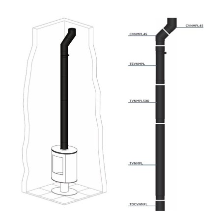 Kit de raccordement conduit de fumée pour poêles à bois vertical sortie dessus Bofill