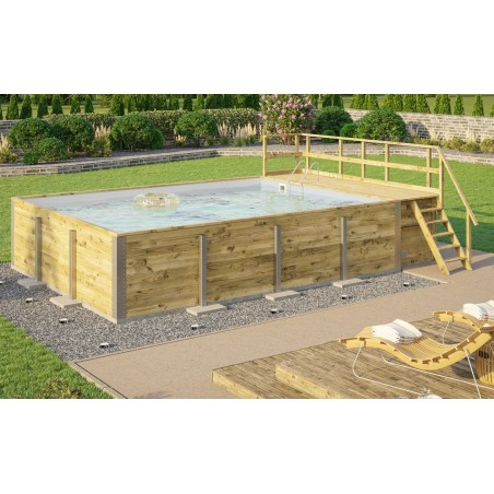 Piscina retangular de madeira 650 x 490 H116cm Naxos Weka com terraço e revestimento cinza