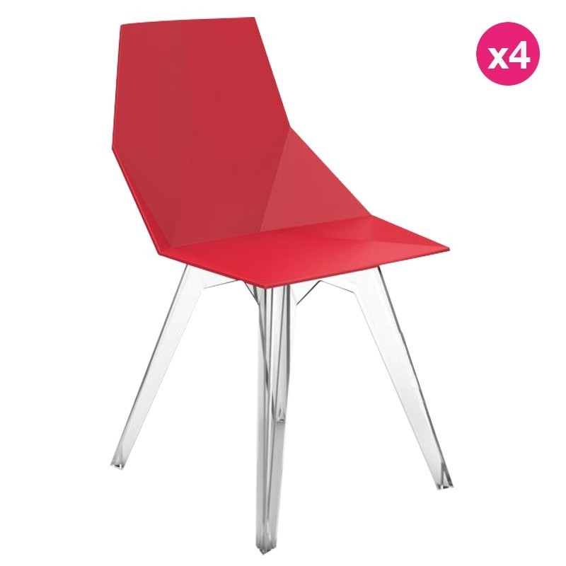 Lot de 4 Chaises Vondom Faz rouge avec piètements transparents et accoudoirs Lot de 4 Chaises Vondom Faz rouge avec piètements transparents et accoudoirs