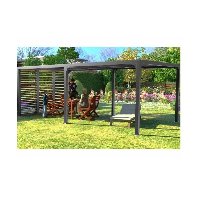 Pérgola bioclimática Habrita aluminio 21,52m2 antracita con 3 paneles imitación madera