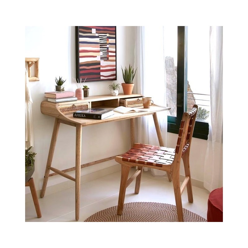 Mesa de escritorio de madera Mindi y ratán 110x60 Ula VeryForma