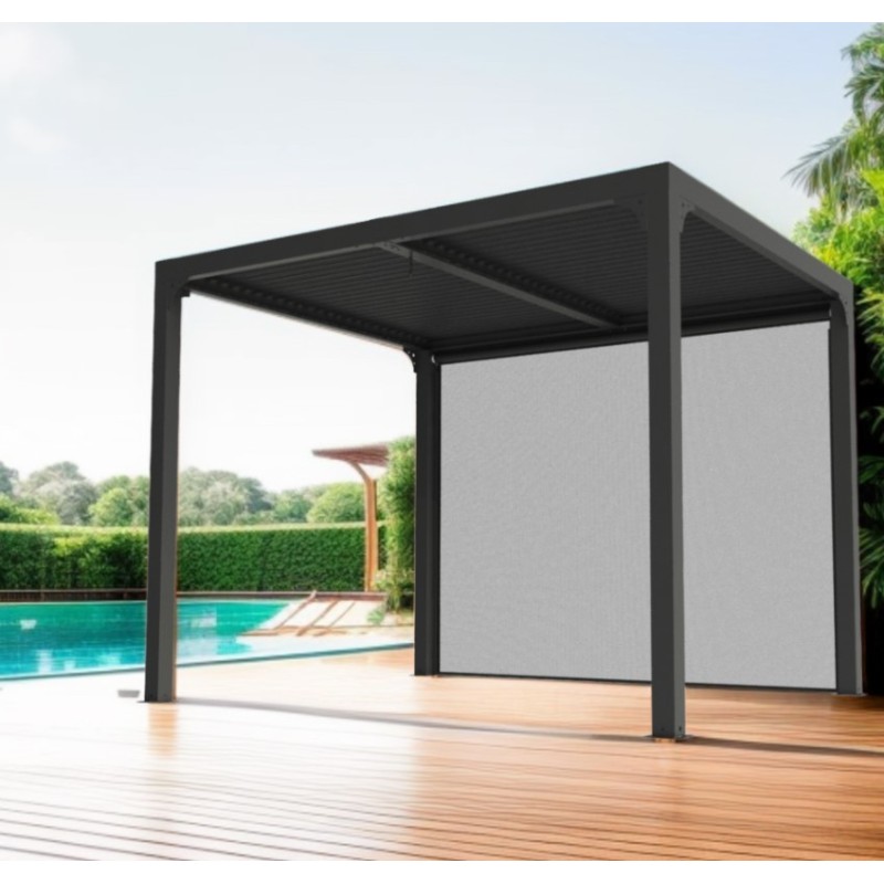 Pergola Bioclimatique  aluminium 7,20m2 ventelles et rideau coté 3m Habrita