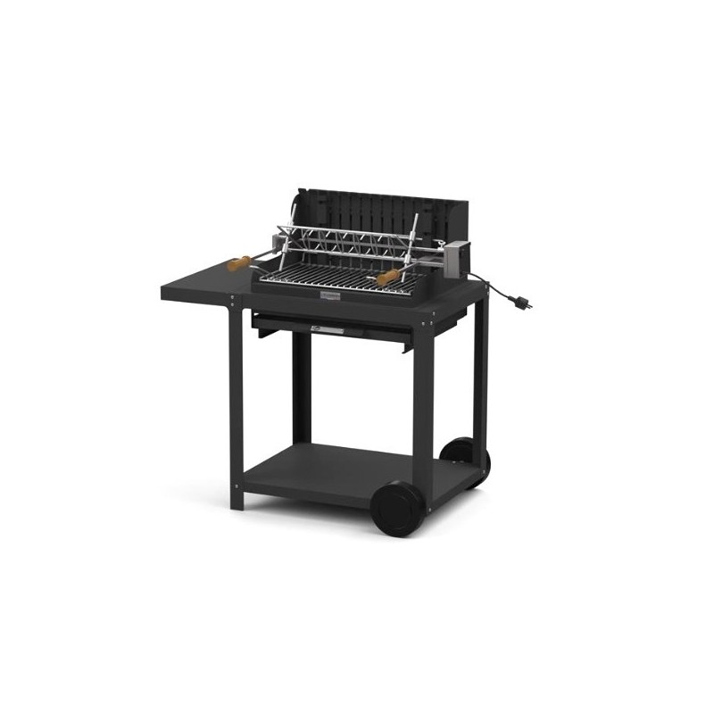 Le Marquier Mendy Grill aus schwarzem Stahl mit Wagen und Drehspieß Le Marquier Mendy Grill aus schwarzem Stahl mit Wagen und Drehspieß
