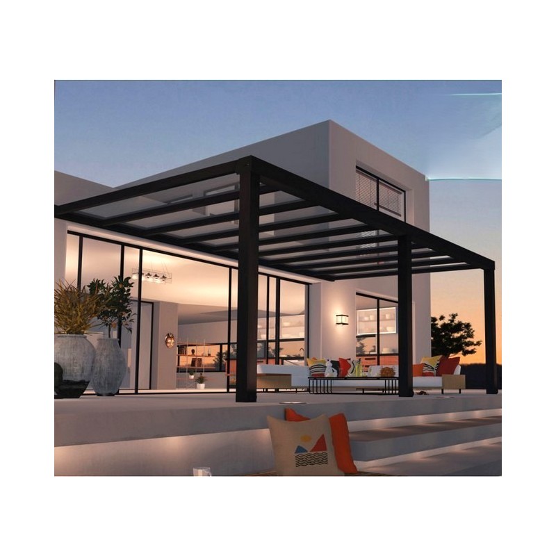 Pérgola de pared de aluminio Stockholm de 3,5x6,6m Techo transparente gris antracita y Canopia Pérgola de pared de aluminio Stockholm de 3,5x6,6m Techo transparente gris antracita y Canopia
