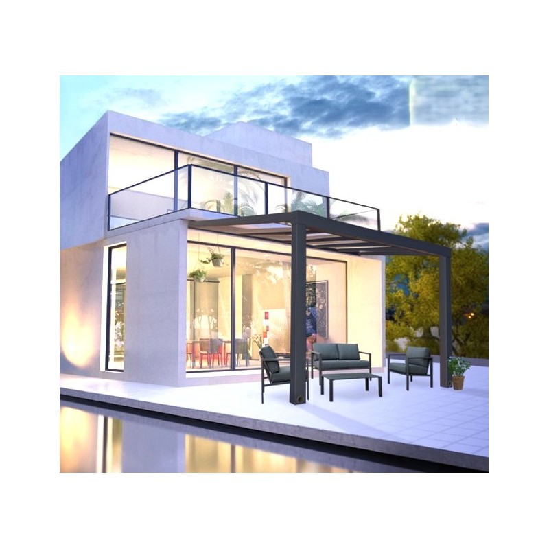 Pérgola de pared de aluminio Stockholm de 3,5x3,7 m Techo gris antracita y transparente Canopia Pérgola de pared de aluminio Stockholm de 3,5x3,7 m Techo gris antracita y transparente Canopia