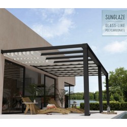Stockholm 3,5 x 3,7 m Aluminium-Wandpergola, Anthrazitgrau und transparentes Canopia-Dach