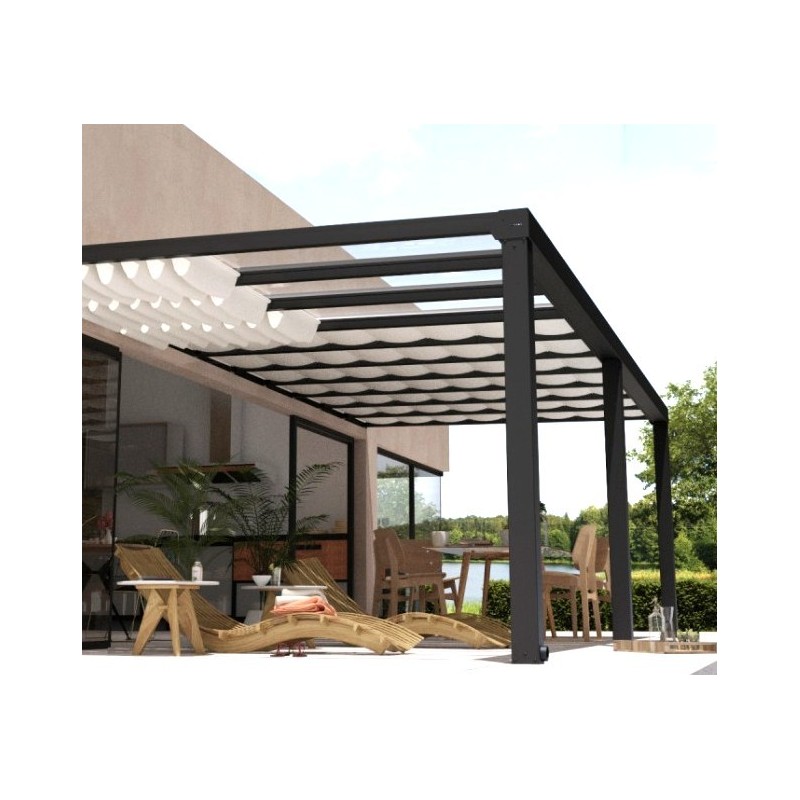 Stockholm Aluminium Lean- 3.4x7.3m Pergola Anthracite Grey with Canopia Transparent Roof