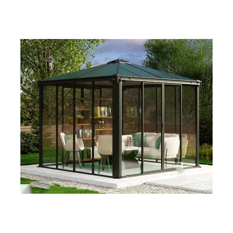 Ledro 3X3 Cenador de jardín cerrado Estructura de aluminio gris y paneles transparentes